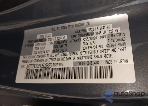 2022 Mazda Cx-9 Carbon Edition z USA, uszkodzony, nr VIN JM3TCBDY8N0628886